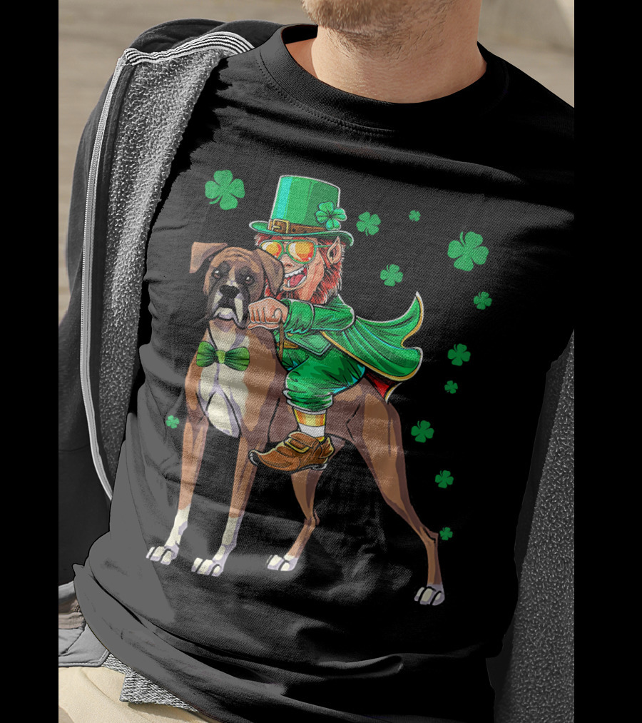 Leprechaun Riding Boxer Dog With Shamrocks St. Patrick's Day T-Shirt