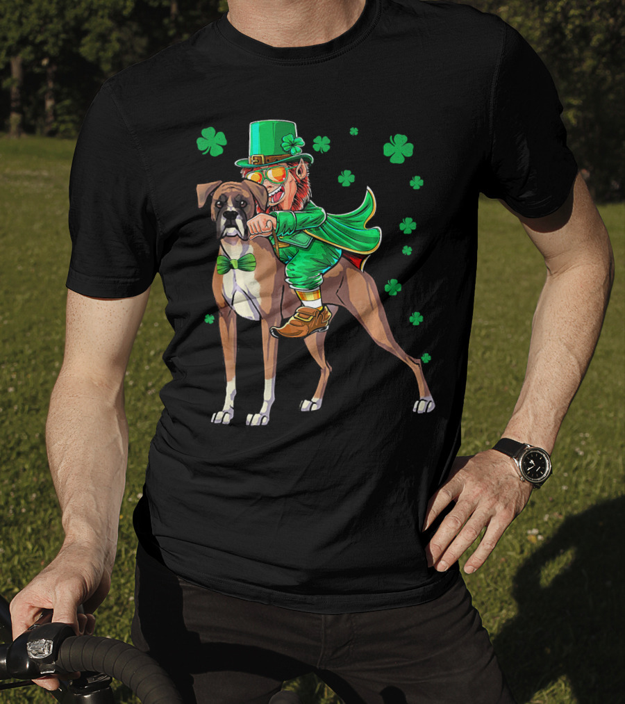 Leprechaun Riding Boxer Dog With Shamrocks St. Patrick's Day T-Shirt