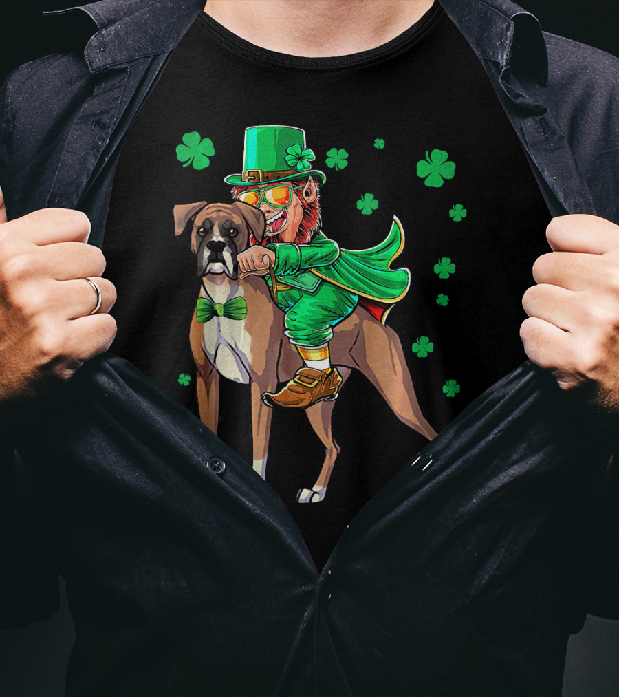 Leprechaun Riding Boxer Dog With Shamrocks St. Patrick's Day T-Shirt