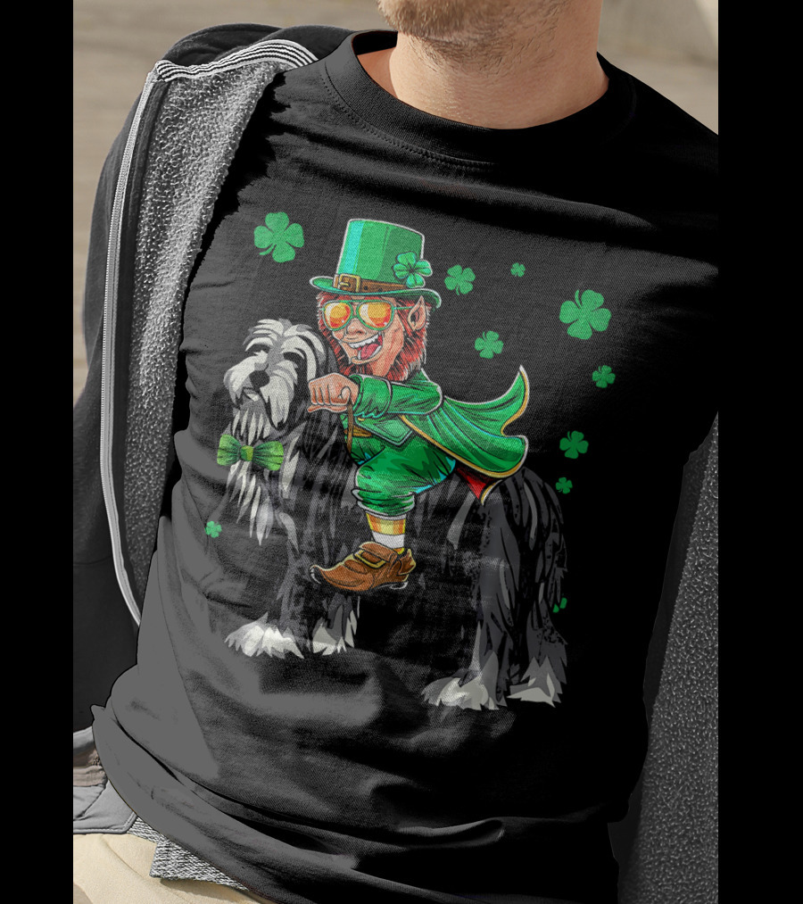 Leprechaun Riding Bearded Collie With Shamrocks T-Shirt