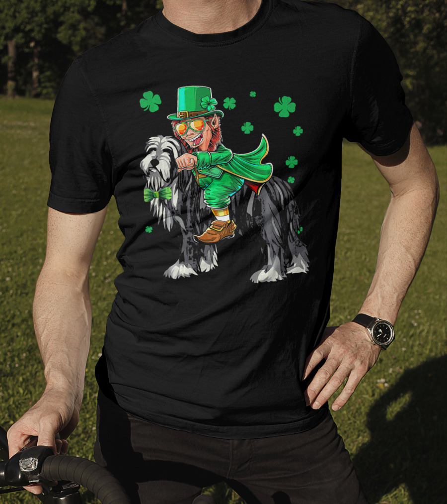 Leprechaun Riding Bearded Collie With Shamrocks T-Shirt