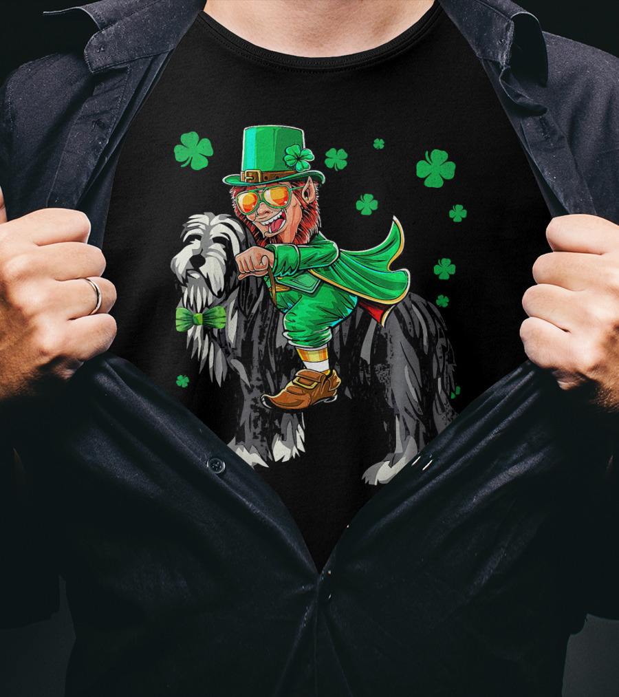 Leprechaun Riding Bearded Collie With Shamrocks T-Shirt