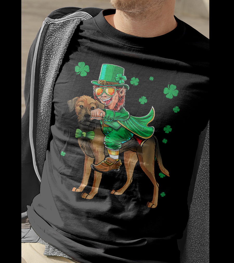 Leprechaun Riding Border Terrier With Shamrocks T-Shirt