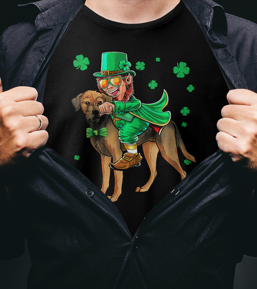 Leprechaun Riding Border Terrier With Shamrocks T-Shirt