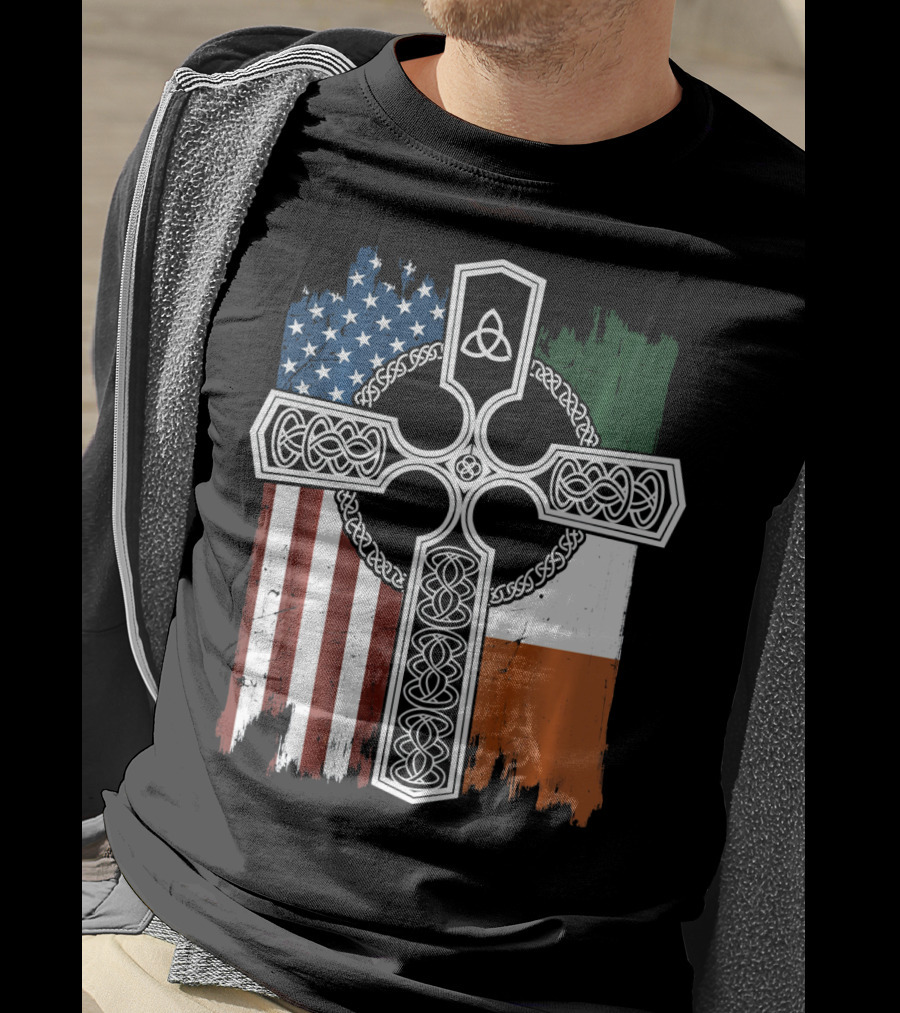American Irish Flag Celtic Cross With Triquetra T-Shirt