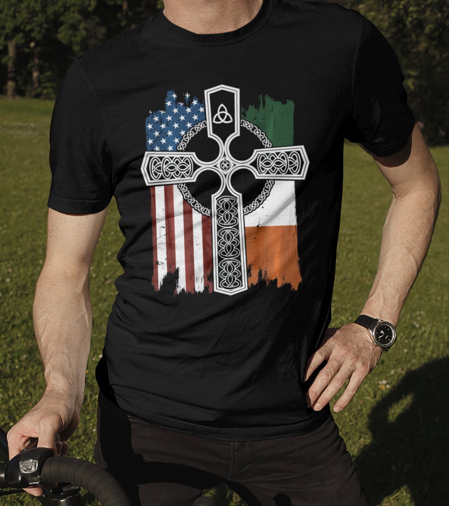 American Irish Flag Celtic Cross With Triquetra T-Shirt