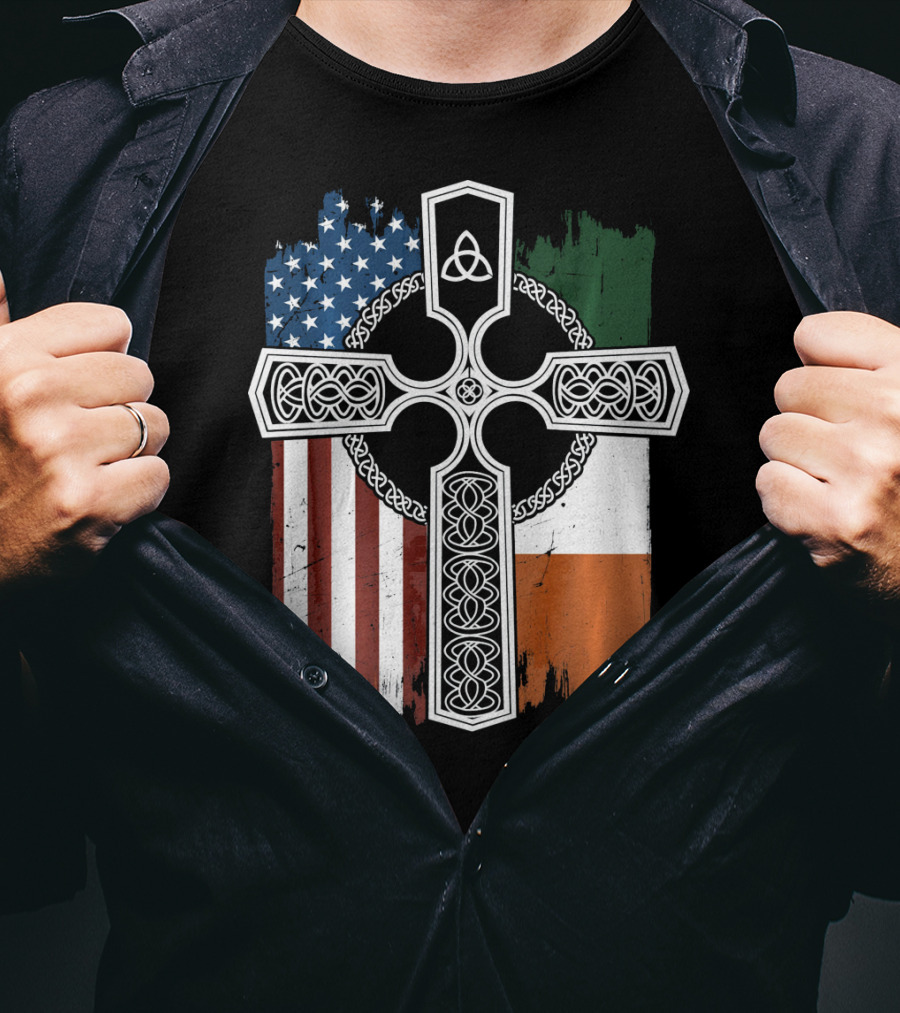 American Irish Flag Celtic Cross With Triquetra T-Shirt