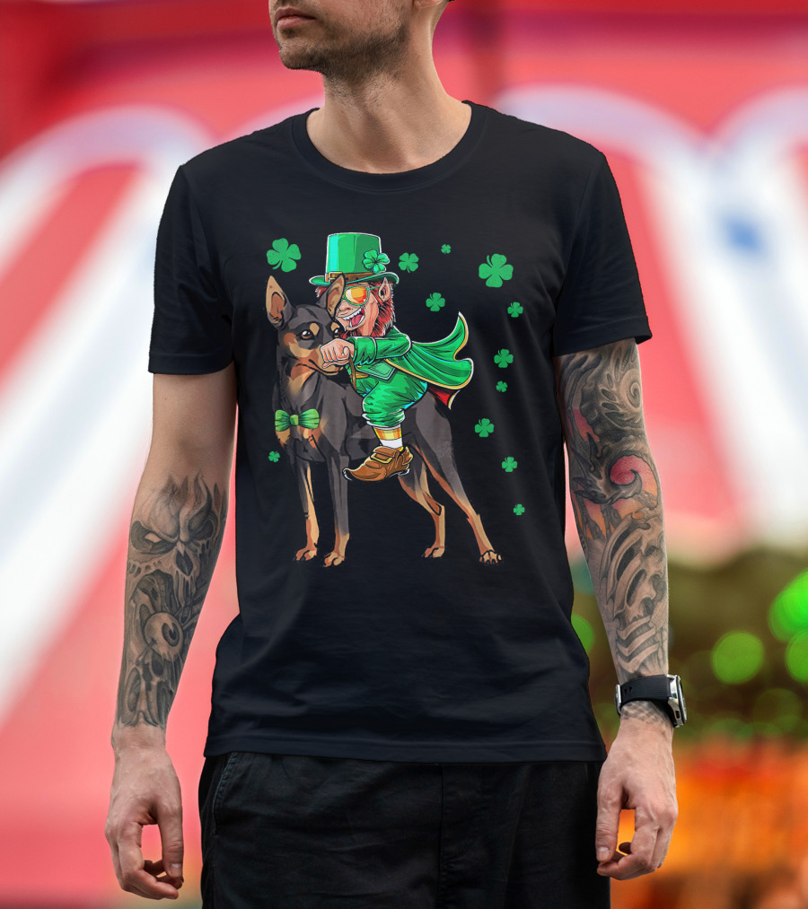 Leprechaun Miniature Pinscher Riding Shamrock Adventure T-Shirt