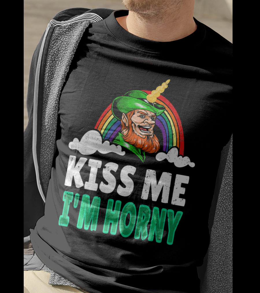 Kiss Me I'm Horny St Patricks Day Lepricorn Rainbow T-Shirt