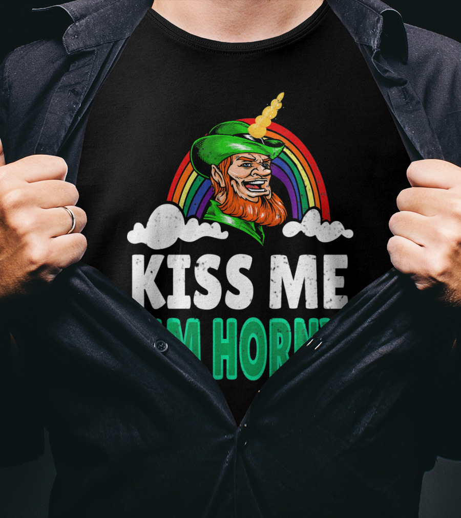 Kiss Me I'm Horny St Patricks Day Lepricorn Rainbow T-Shirt