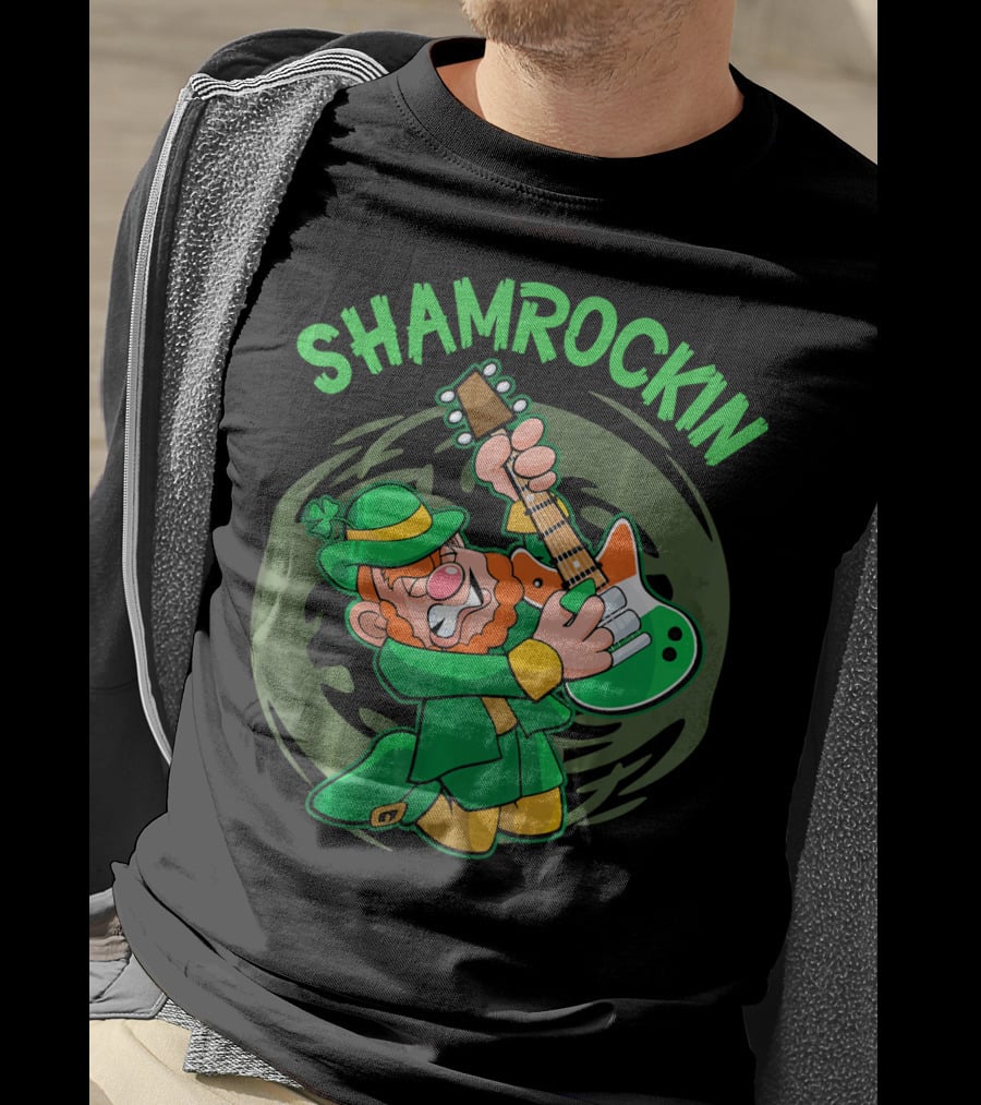 Shamrockin Leprechaun Playing Guitar In Green T-Shirt