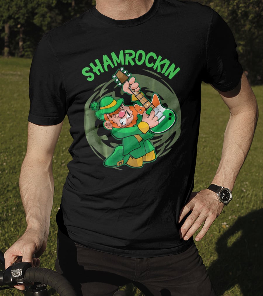Shamrockin Leprechaun Playing Guitar In Green T-Shirt