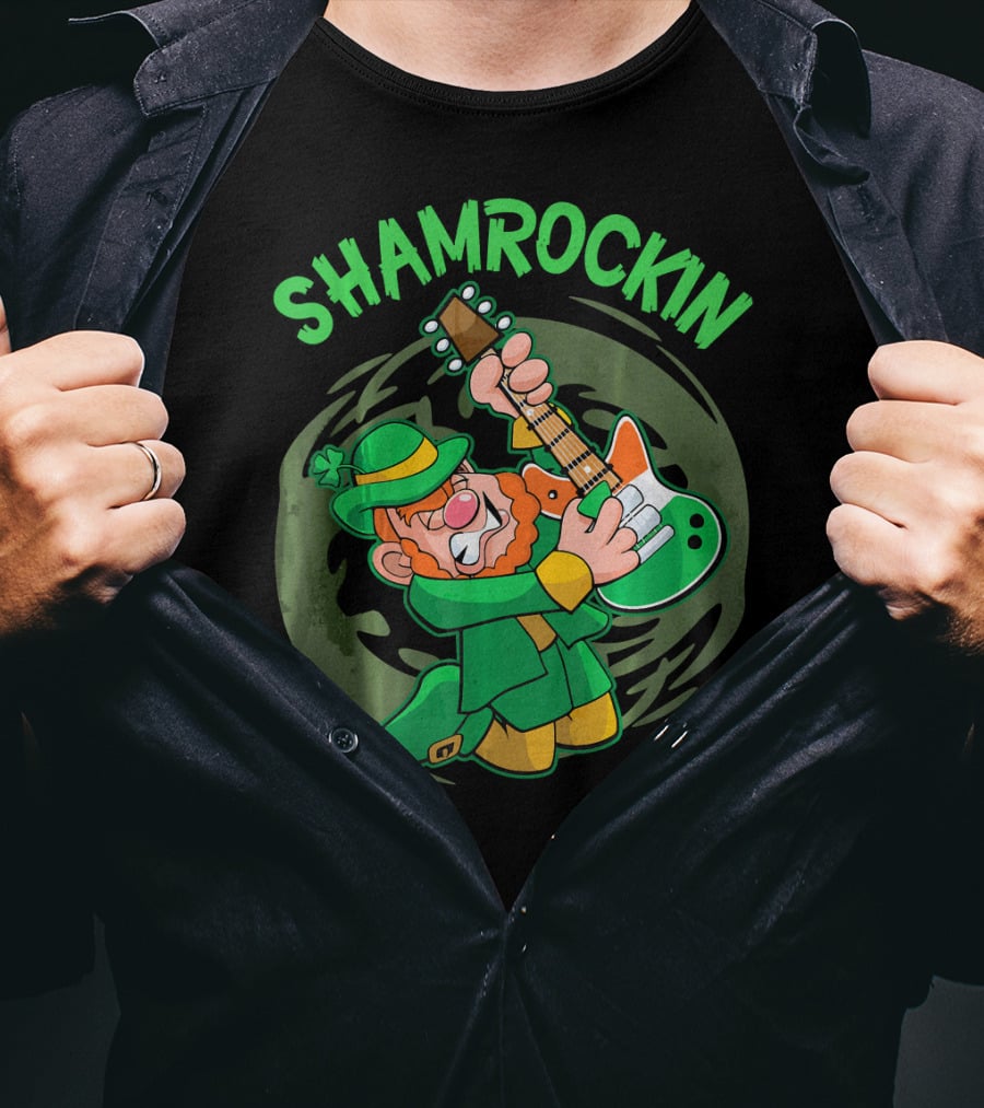 Shamrockin Leprechaun Playing Guitar In Green T-Shirt