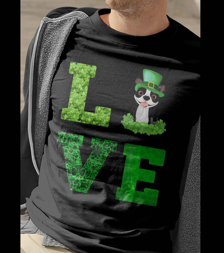 Love Boston Terrier St Patricks Day Clover Hat T-Shirt
