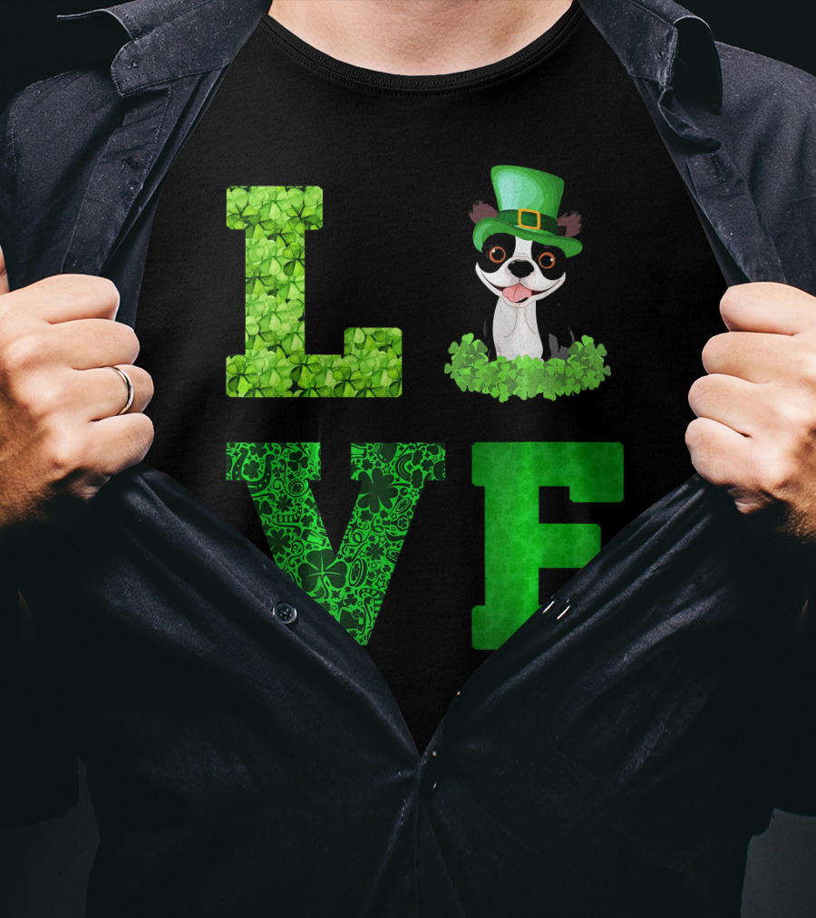 Love Boston Terrier St Patricks Day Clover Hat T-Shirt