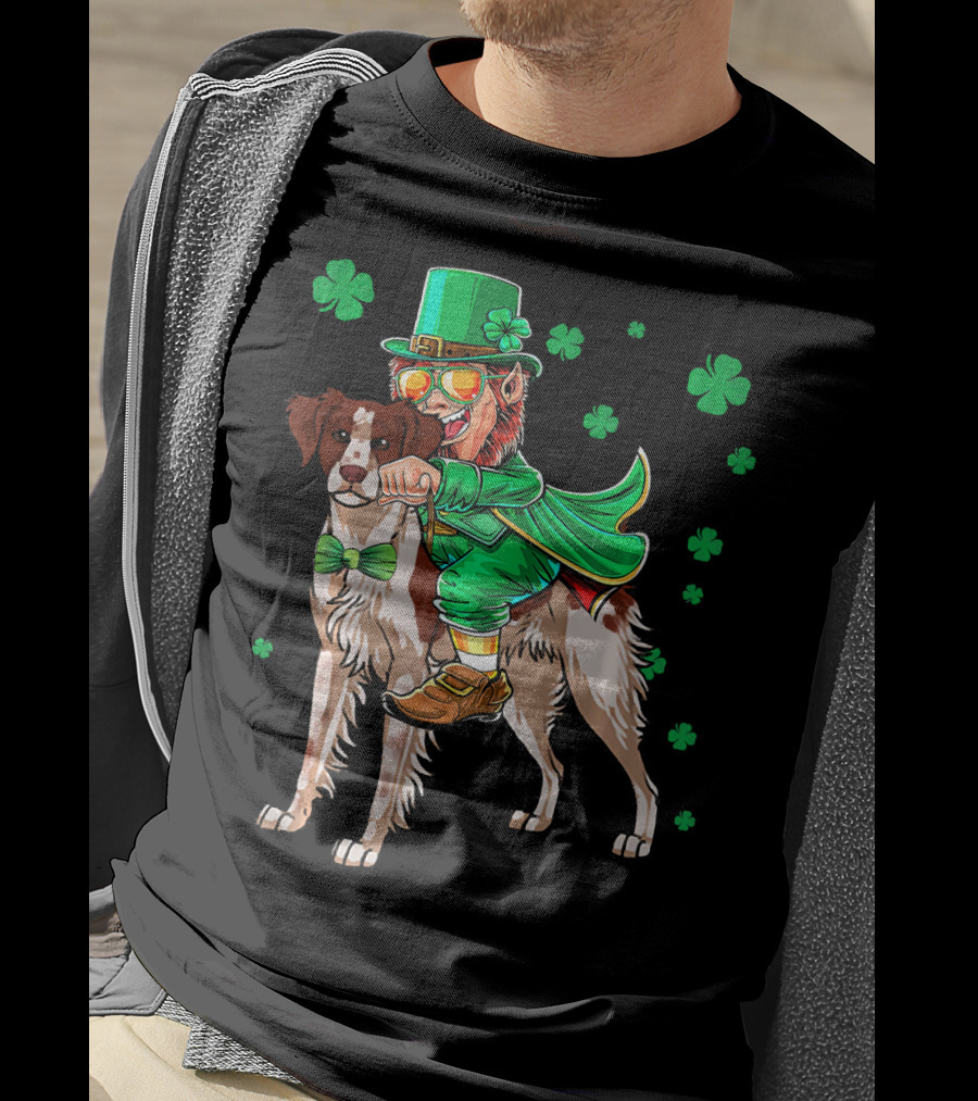 Leprechaun Rides Brittany Spaniel With Shamrock Accents T-Shirt