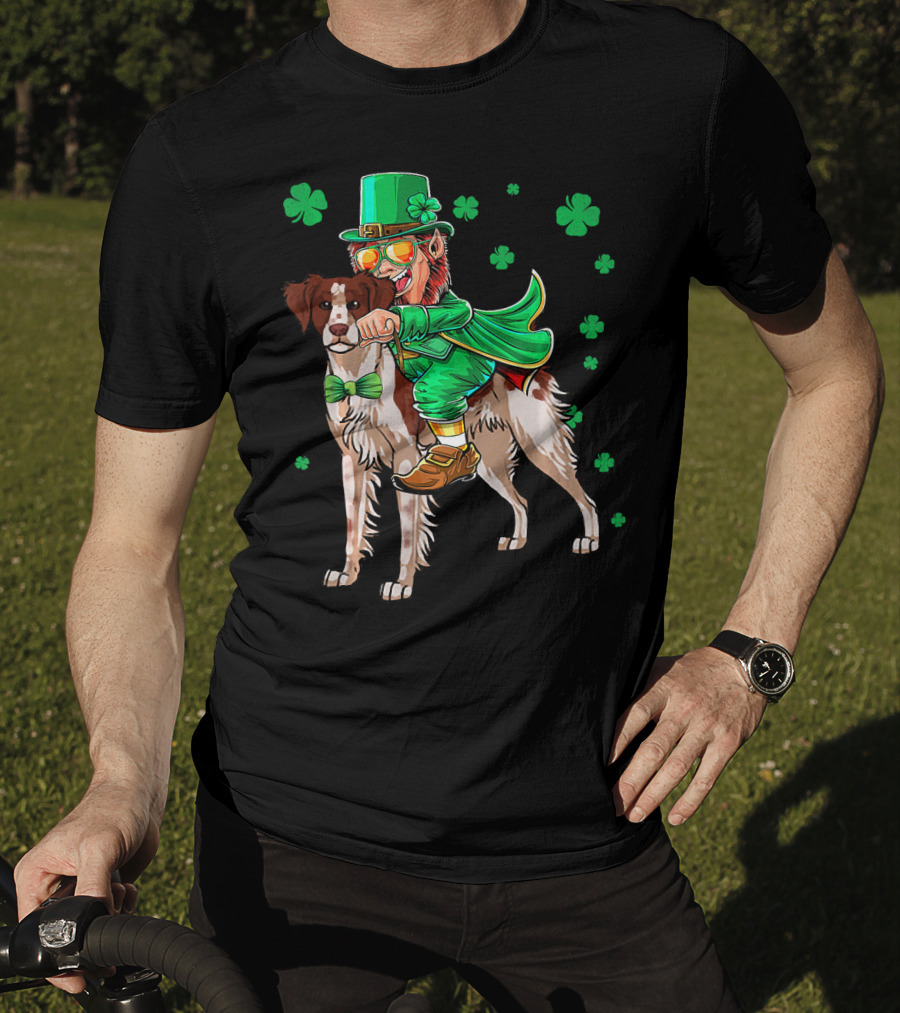 Leprechaun Rides Brittany Spaniel With Shamrock Accents T-Shirt