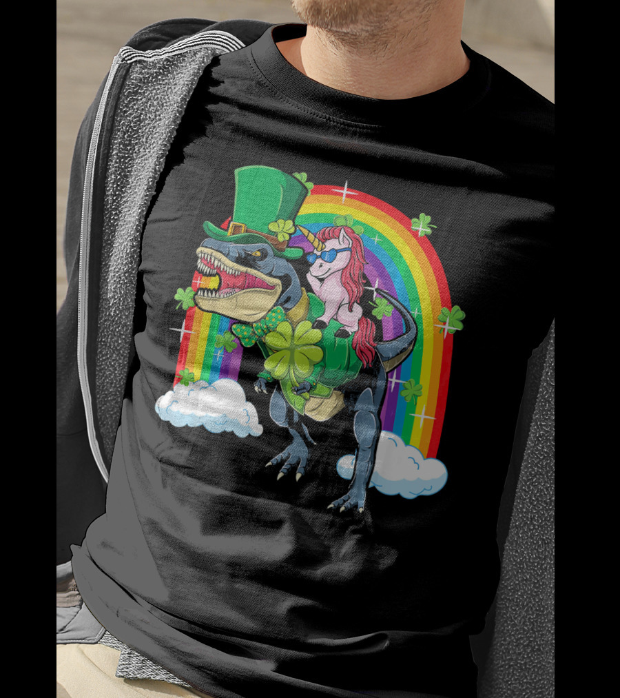 Unicorn Riding Dinosaur Leprechaun Rainbow Shamrocks T-Shirt
