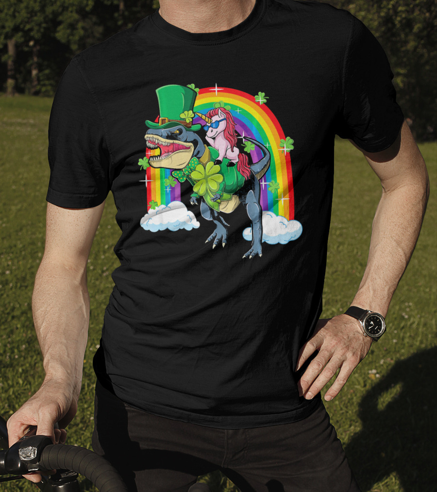 Unicorn Riding Dinosaur Leprechaun Rainbow Shamrocks T-Shirt