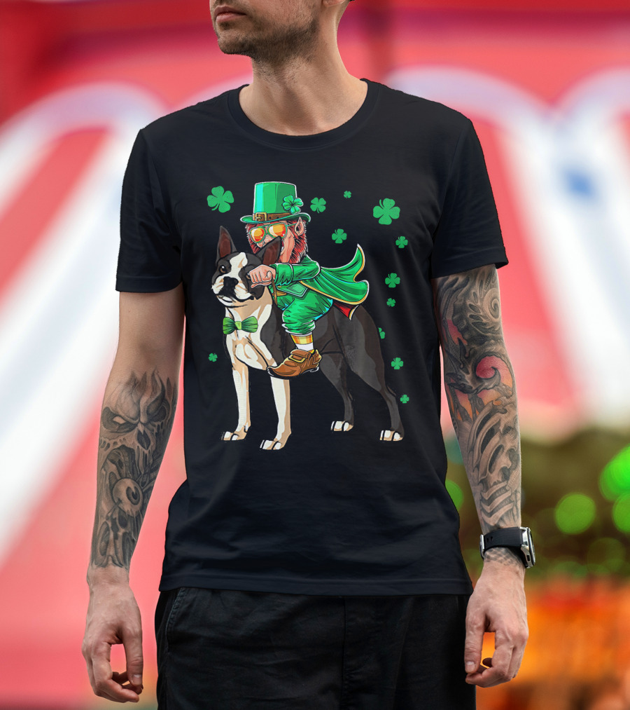 Leprechaun Riding Boston Terrier With Shamrock Accents T-Shirt