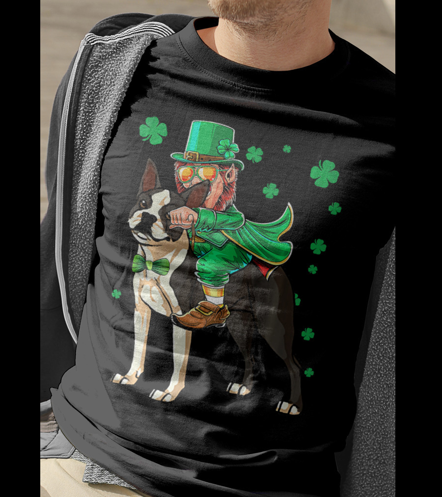Leprechaun Riding Boston Terrier With Shamrock Accents T-Shirt