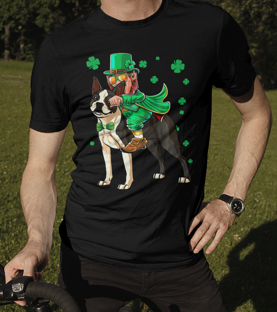Leprechaun Riding Boston Terrier With Shamrock Accents T-Shirt