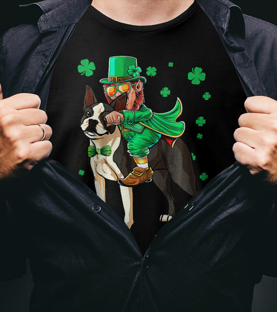 Leprechaun Riding Boston Terrier With Shamrock Accents T-Shirt