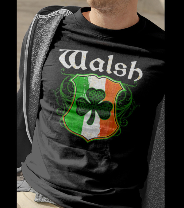 Walsh Surname Irish Shamrock Crest With Green White Orange Shield T-Shirt