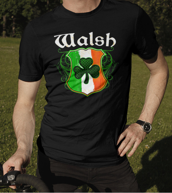 Walsh Surname Irish Shamrock Crest With Green White Orange Shield T-Shirt