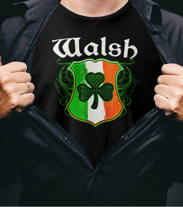 Walsh Surname Irish Shamrock Crest With Green White Orange Shield T-Shirt