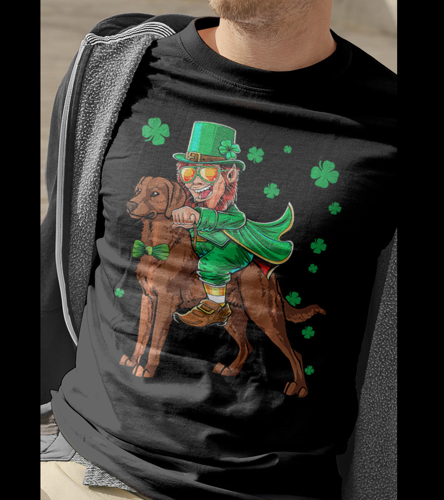 Leprechaun Riding Chesapeake Bay Retriever With Shamrocks T-Shirt