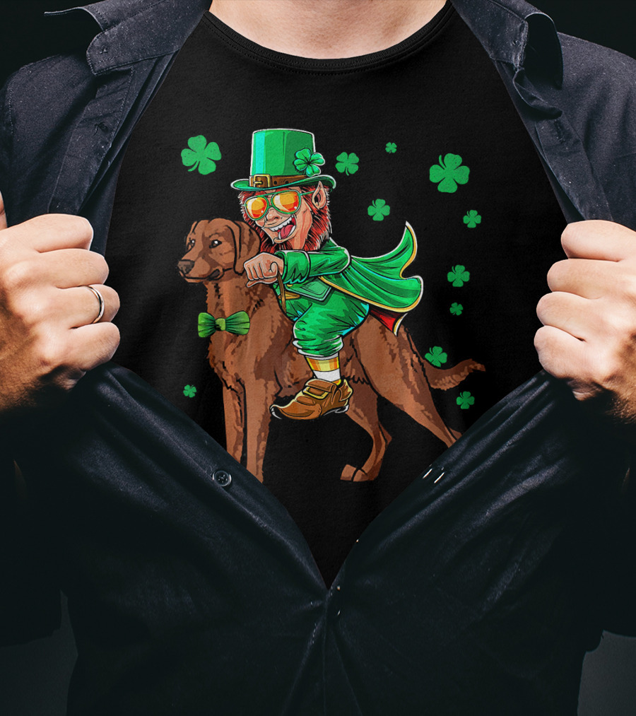 Leprechaun Riding Chesapeake Bay Retriever With Shamrocks T-Shirt