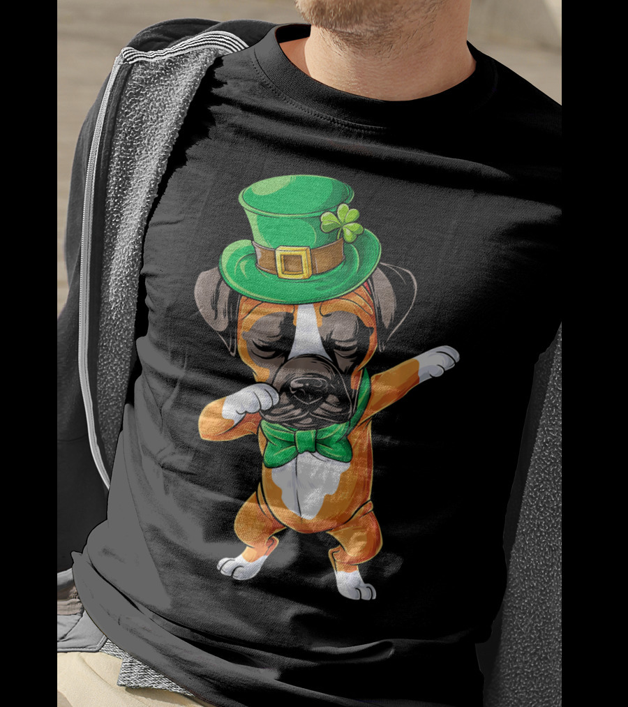 Dabbing Boxer Dog St Patricks Day Hat Bowtie T-Shirt