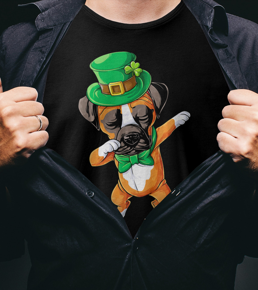 Dabbing Boxer Dog St Patricks Day Hat Bowtie T-Shirt