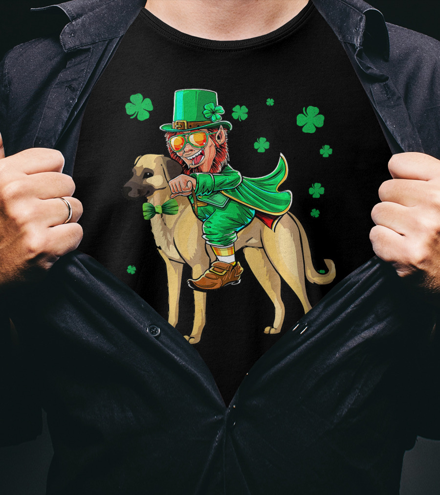 Leprechaun Riding Anatolian Shepherd With Shamrock Accents T-Shirt