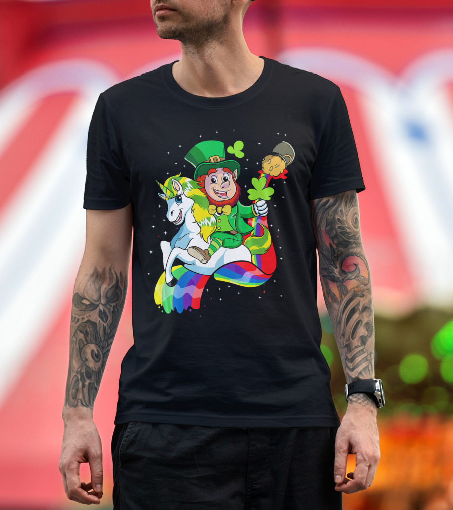 St Patricks Day Leprechaun Riding Unicorn with Rainbow Lucky Charms T-Shirt