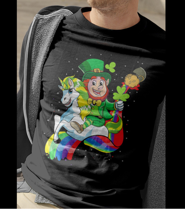 St Patricks Day Leprechaun Riding Unicorn With Rainbow Lucky Charms T-Shirt