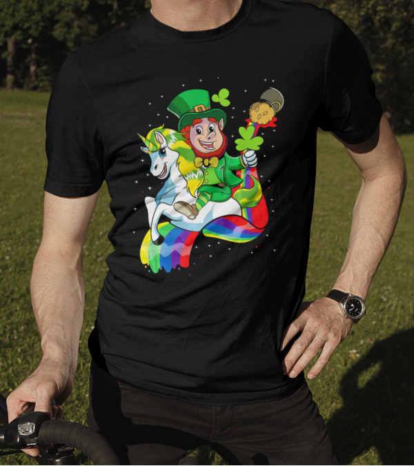 St Patricks Day Leprechaun Riding Unicorn With Rainbow Lucky Charms T-Shirt