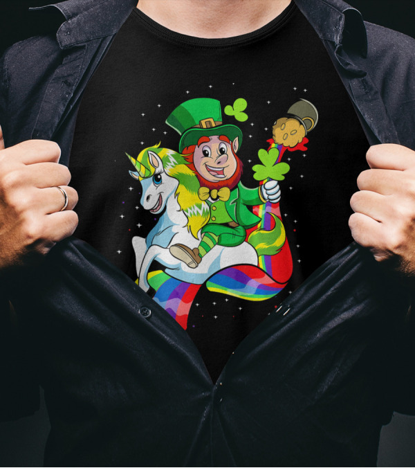St Patricks Day Leprechaun Riding Unicorn With Rainbow Lucky Charms T-Shirt