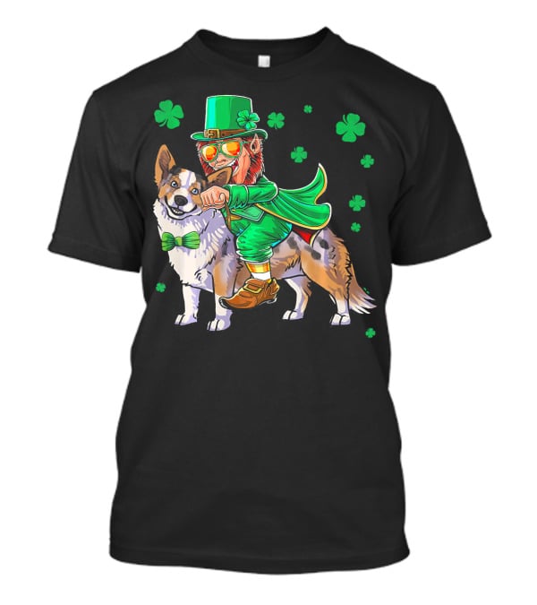Leprechaun Riding Cardigan Welsh Corgi With Shamrocks T-Shirt