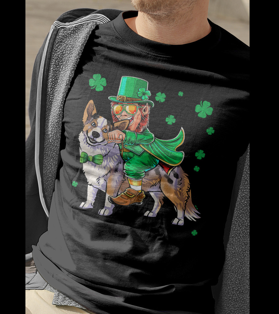 Leprechaun Riding Cardigan Welsh Corgi With Shamrocks T-Shirt