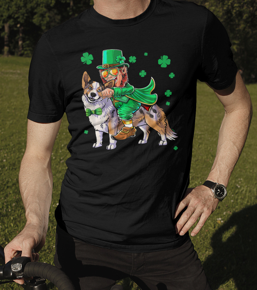Leprechaun Riding Cardigan Welsh Corgi With Shamrocks T-Shirt