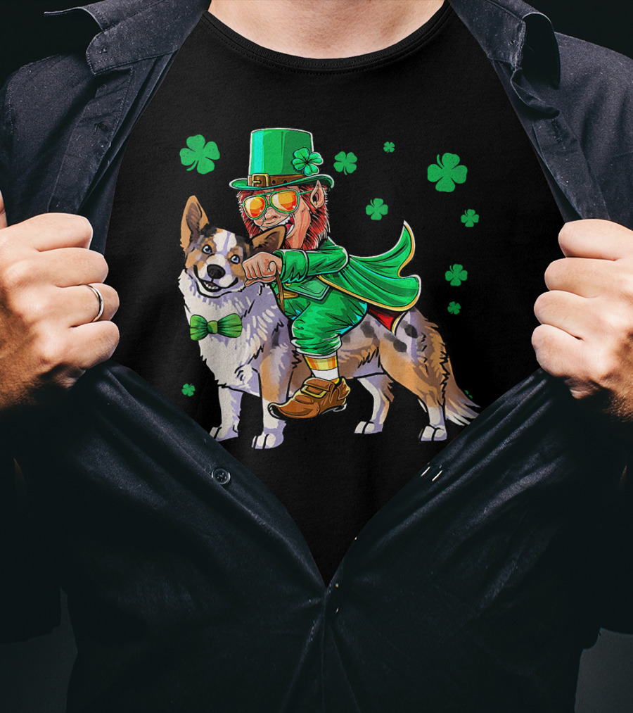 Leprechaun Riding Cardigan Welsh Corgi With Shamrocks T-Shirt