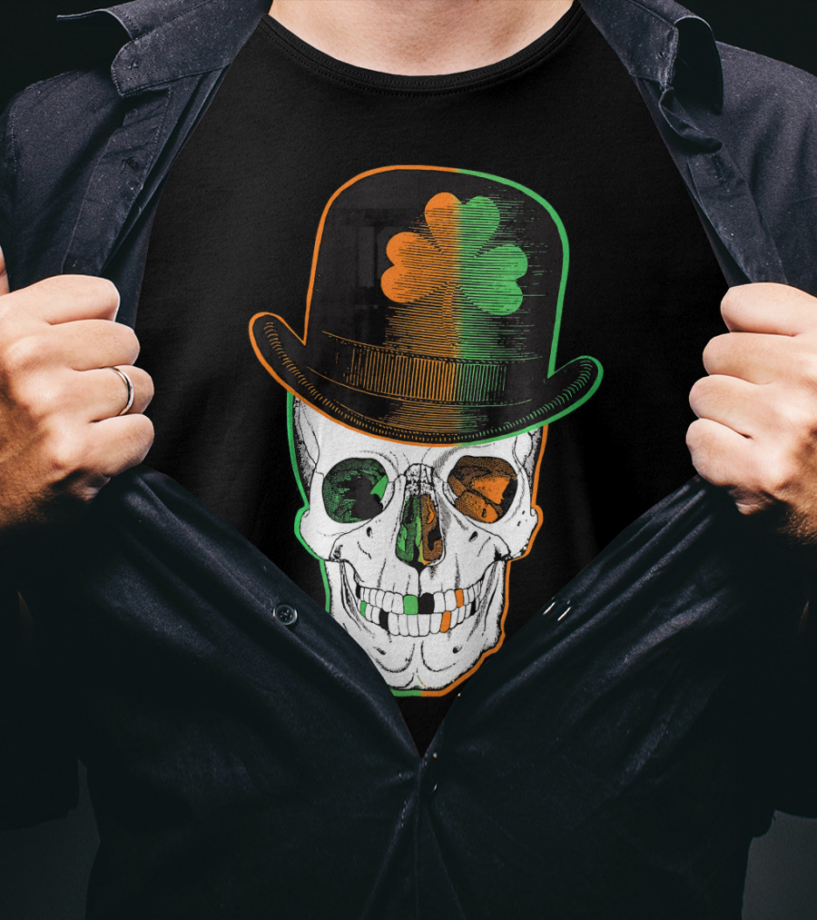 St Paddys Day Irish Leprechaun Skull Shamrock Hat T-Shirt