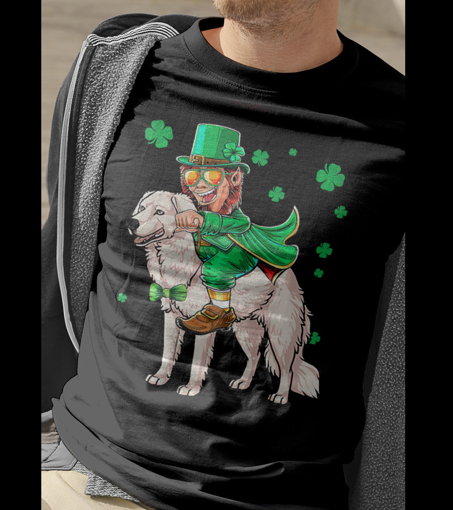 Leprechaun Riding Kuvasz Surrounded By Shamrocks For St. Patrick's Day T-Shirt