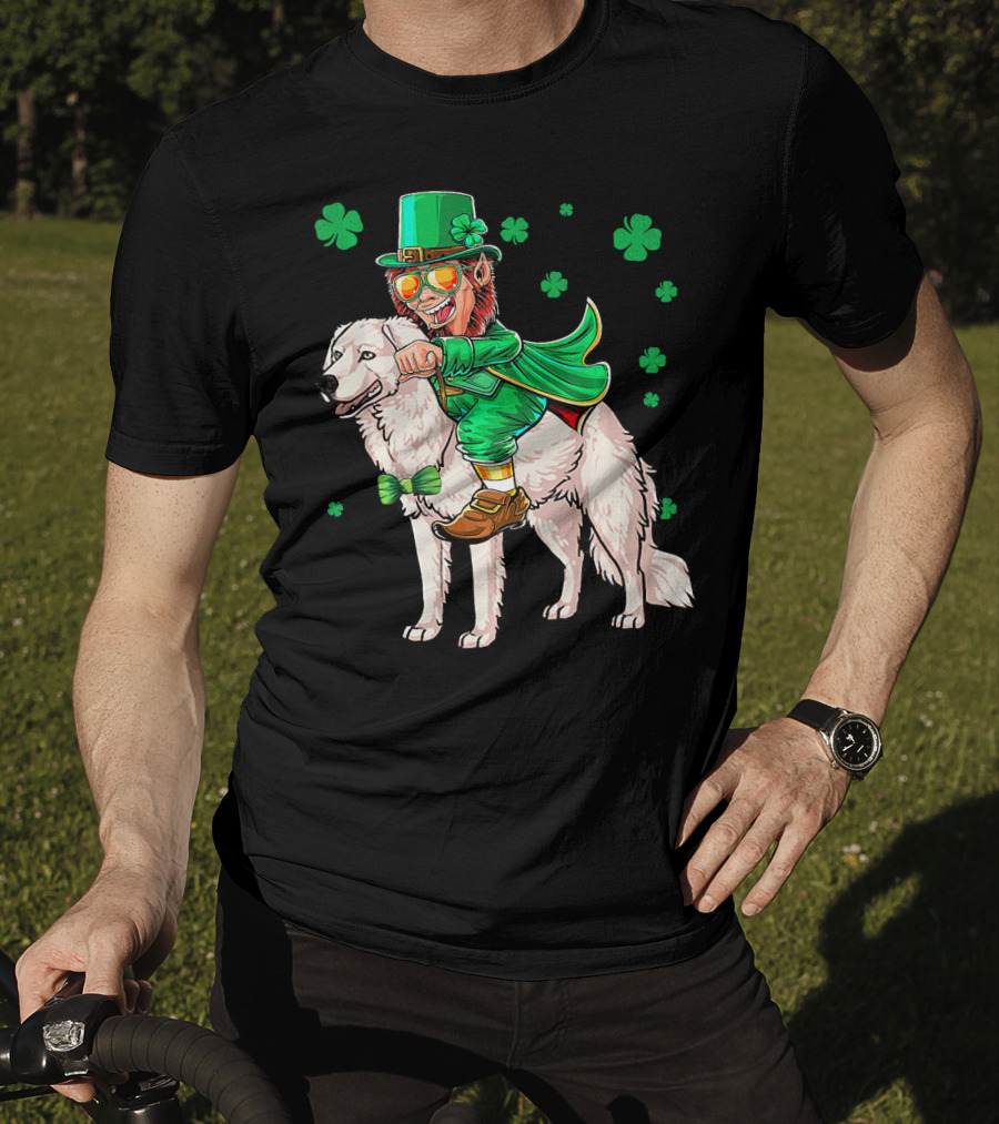 Leprechaun Riding Kuvasz Surrounded By Shamrocks For St. Patrick's Day T-Shirt