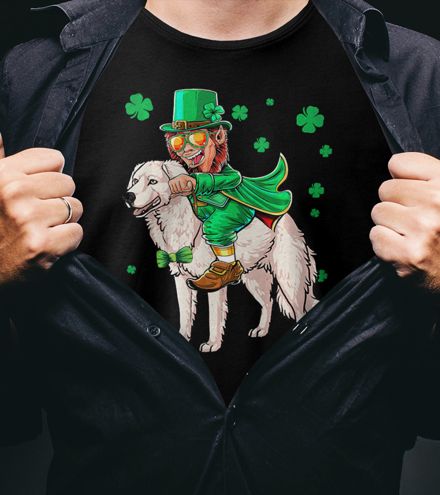 Leprechaun Riding Kuvasz Surrounded By Shamrocks For St. Patrick's Day T-Shirt