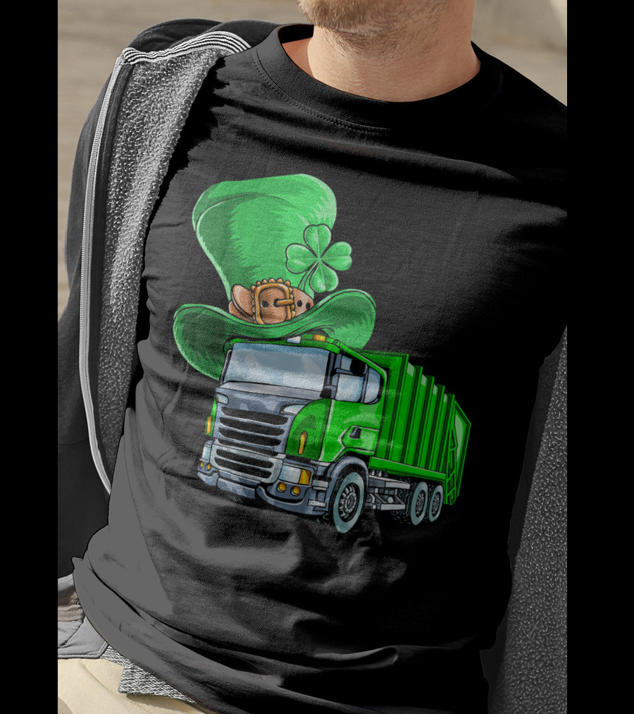 St Patricks Day Garbage Truck With Leprechaun Hat And Four-Leaf Clover T-Shirt
