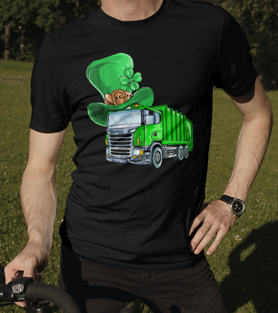 St Patricks Day Garbage Truck With Leprechaun Hat And Four-Leaf Clover T-Shirt