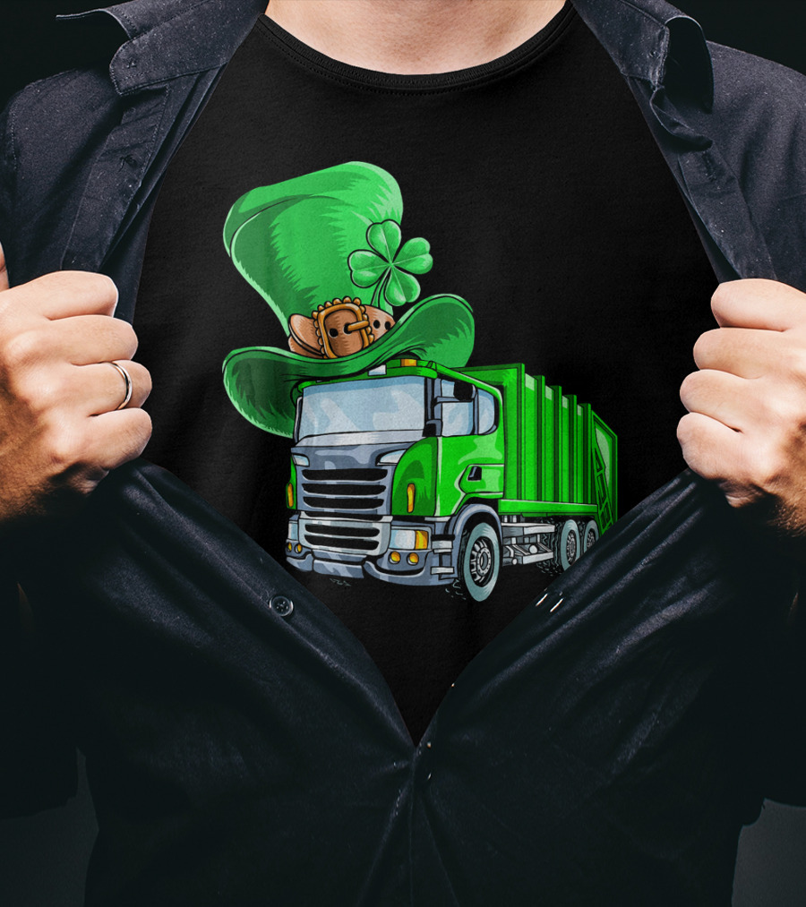 St Patricks Day Garbage Truck With Leprechaun Hat And Four-Leaf Clover T-Shirt